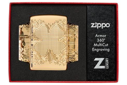 Zippo 46301 vžigalnik Armor Elegant Golden Clover, High Polish Gold Plate