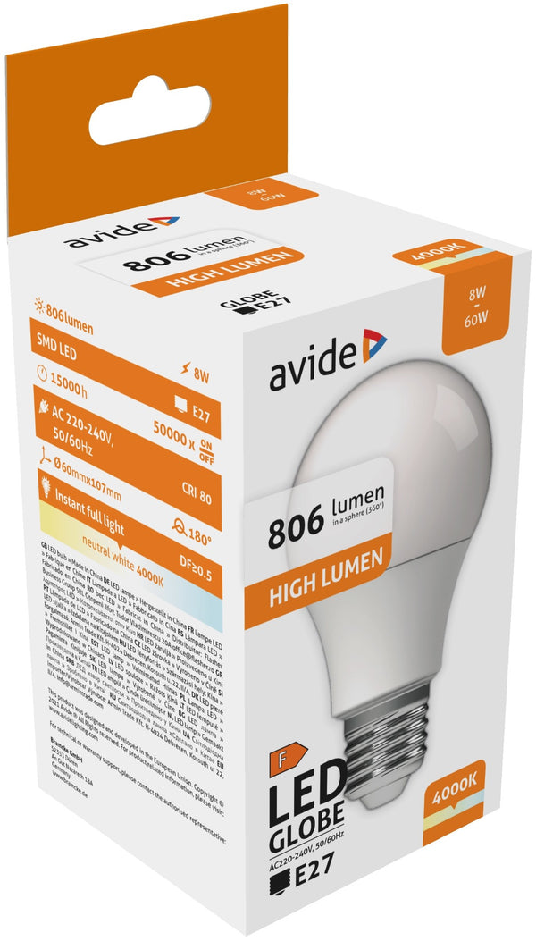 Avide 284940 Žarnica LED 8W E27 4000K 820lm A60
