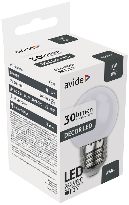 Avide 25929 Žarnica Decor - bela LED SMD  E27 1W G45